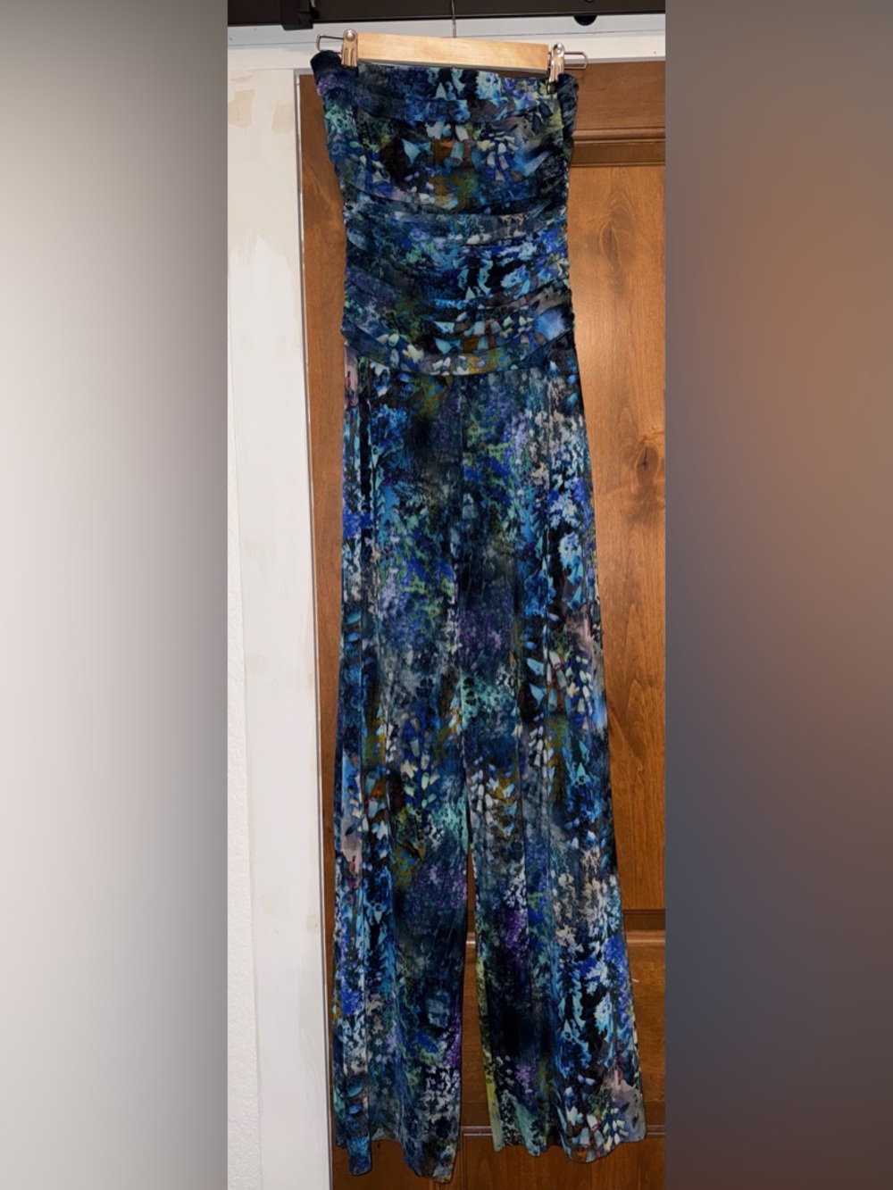 Elana Kattan Ruched Bodice Wide-Leg Jumpsuit Blue Multi Size S